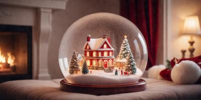 The primary subject of the image is a Christmas ornament featuring a house with a snowy roof. The setting is a table, and the visual style is a combination of photo and digital art. The ornament is decorated with a red house, trees, and a family of four, giving it a festive and warm atmosphere.